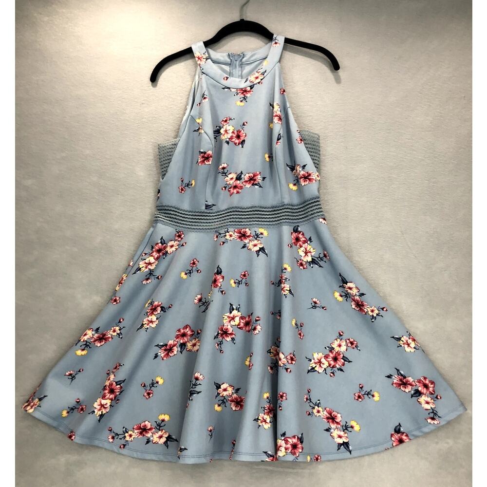 90s y2k Style Floral Halter Dress Juniors Size 13 Blue Spring Summer Girly